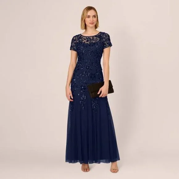 Adrianna Papell Women's Short-Sleeve Beaded Gown - Floral Embroidered Godet Evening Dress